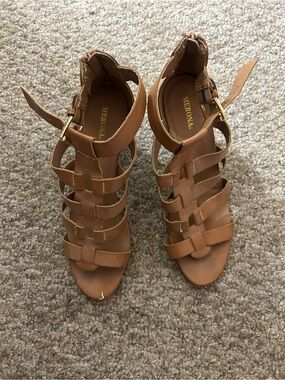 Merona Tan Strappy Gladiator Block Heel Sandals